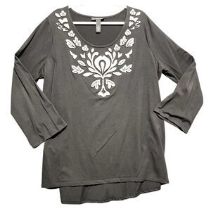 INC International Concepts Woman Black Top White Design Bead Outline Size 2X